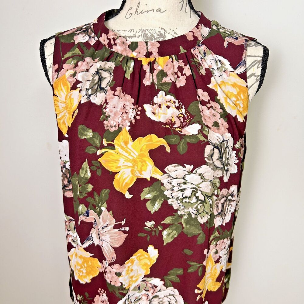 LOFT Womens Medium Burgundy Floral Sleeveless Tie Back Blouse Top